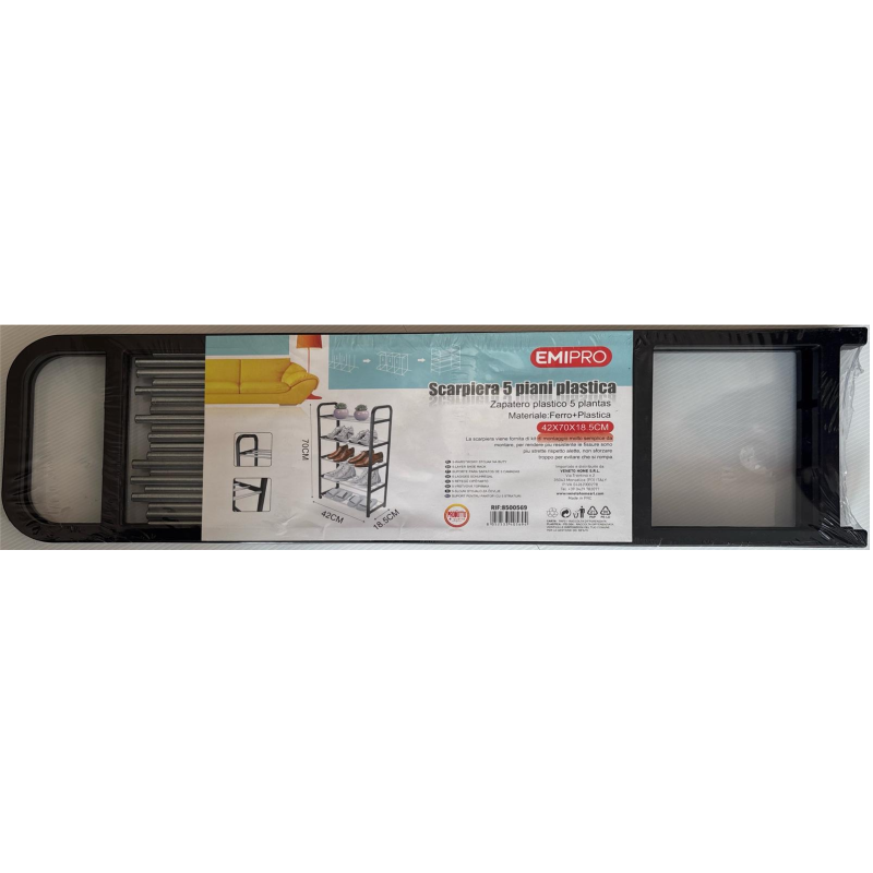 Scarpiera 5 ripiani con telaio plastica e ferro 42x78x18,5 cm colore nero